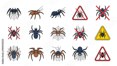 Spider icons and warning signs depicting different arachnids and danger symbols for pest control and halloween themes.