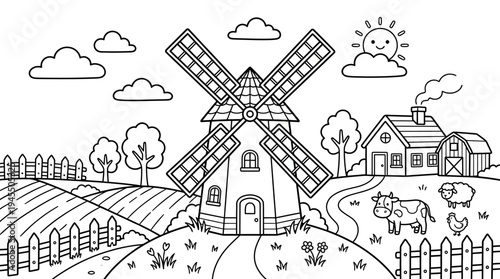 Black and white windmill farm scene.