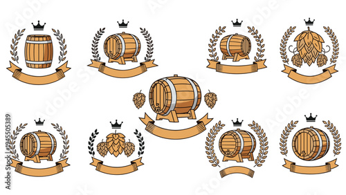 Beer production emblems featuring wooden barrels hops and laurel wreaths for craft brewery and pub branding identities.