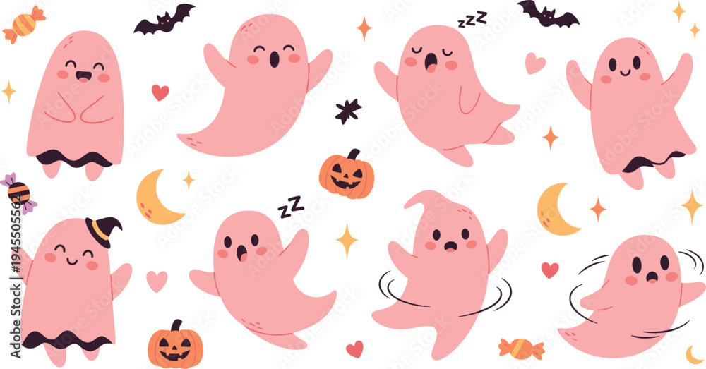 Fototapeta premium Cute Halloween ghost characters collection with pumpkins candy bats moon hearts and funny spooky cartoon vector illustration set