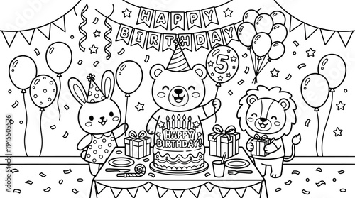 Birthday party with teddy bear rabbit lion.