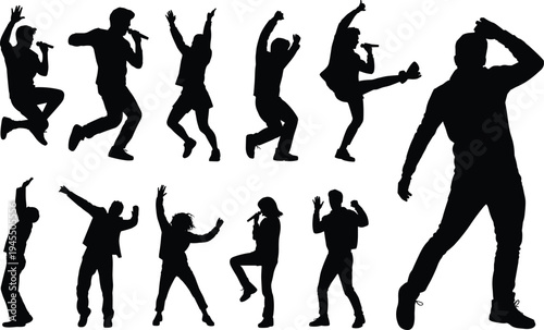 Singer silhouettes, stage performance icons, concert vector illustration, dancing poses, microphone holding, entertainment artwork, live music design, black expressive figures