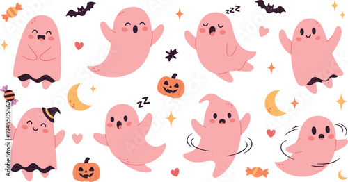 Cute Halloween ghost characters collection with pumpkins candy bats moon hearts and funny spooky cartoon vector illustration set