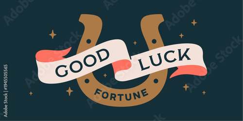 Horseshoe sign. Horseshoe ribbon symbol, vintage branding. Horseshoe symbol lucky, design element, ribbon. Lucky emblem, fortune horse club. Badge emblem talisman. Vector Illustration