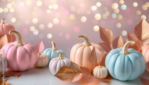 Soft Pastel Pumpkins Festive Pearl Background Fall Leaves Vibrant Adorable