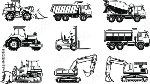 Construction machinery and heavy equipment vector set including excavator, bulldozer, dump truck, forklift, roller and cement mixer, industrial vehicles illustration isolated on white background