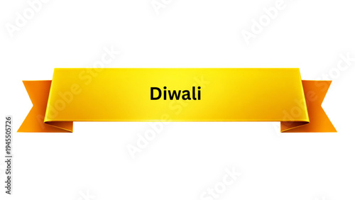 Diwali Hindu Festival Golden Ribbon Banner , Indian Festival of Lights Celebration Greeting Template with Yellow Decorative Scroll Ribbon for Festive Poster