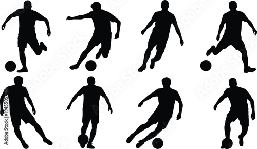 Soccer player silhouettes, football dribbling action, athlete movement poses, isolated black vector figures, sports activity concept, football training illustration set