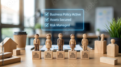 Wooden figures on blocks with office building icons and business policy checklist on a desk in a modern office