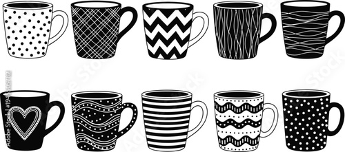 Decorative coffee mug silhouettes collection featuring patterned tea cups and modern drinkware designs, kitchen vector illustration set isolated on white background