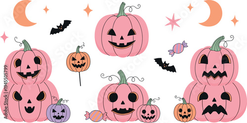 Cute Halloween pumpkin cartoon set with jack o lantern faces candy bats moon spooky vector illustration collection