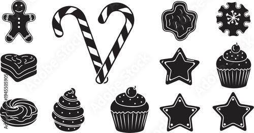 Black and white Christmas sweets and treats illustration set
