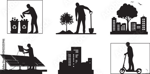 Eco Friendly Sustainable Living and Green City Infrastructure Vector Icon Set Featuring Solar Energy Panels, Waste Recycling, Tree Planting, Electric Scooter Transport, and Urban Nature Silhouettes.