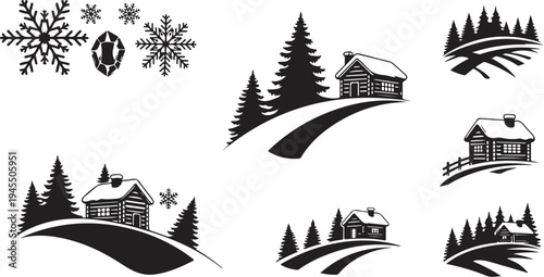 Winter landscape with houses and snowflakes in black silhouette