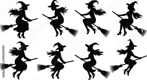 Witch silhouettes, broomstick flying, Halloween icons, spooky fantasy characters, folklore design, magical artwork, mystical night theme, black vector illustration