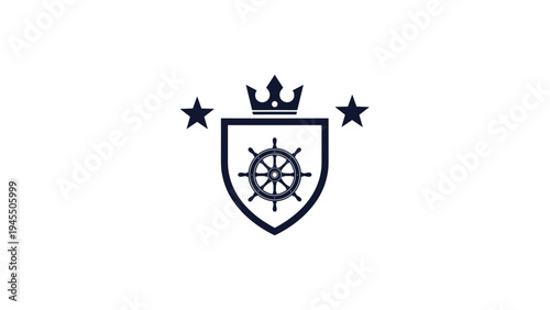 Nautical shield emblem featuring a ship steering wheel crown and stars for maritime security and naval academy branding.