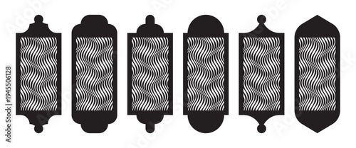 Decorative laser cut panels inspired by Arabic window frames with wavy optical pattern. Vector CNC templates for stencil cutting, mashrabiya screens and decorative partitions.