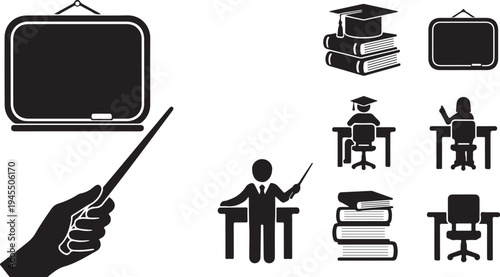 Education icons with teacher and classroom elements black