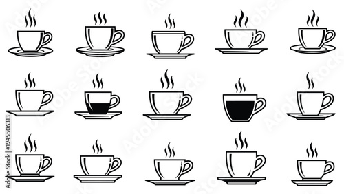 Assorted minimalist icons of hot coffee or tea cups with saucers and rising steam shown in various filled states.