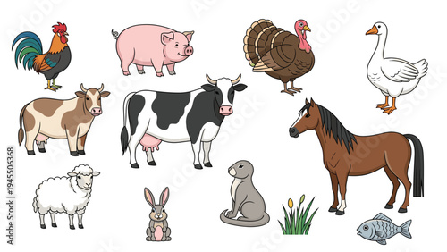 Set of colorful farm animal illustrations including cows horse pig sheep and poultry isolated on white background.