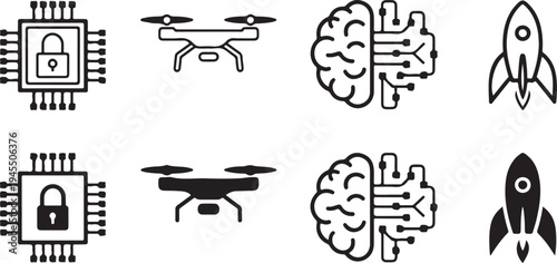 technology icon set ai brain circuit drone rocket filled outline