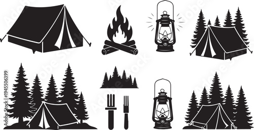 Camping icons and symbols in black and white color
