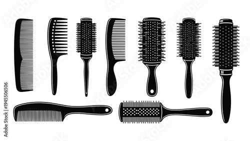 Comprehensive collection of various hair brushes and combs in black silhouette style for salon and personal use.
