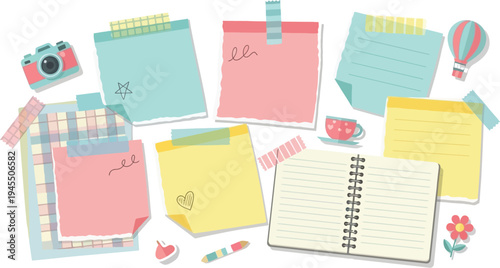 Colorful notes and stationery items arranged on a blank white surface