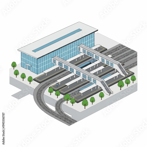 Isometric illustration of a modern train station with multiple platforms and tracks.