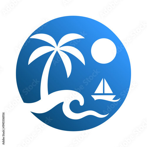Logo agencia de viajes. Vacaciones de verano. Dibujo sencillo con siluetas de un paisaje con la palma, sol, olas de mar y barco de vela en círculo 