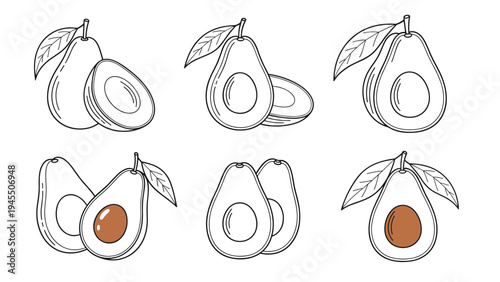 Simple black and white outlines of avocados including whole fruit halves and slices with seeds and green leaves.