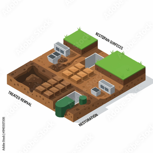 Isometric illustration of underground infrastructure and restoration process.
