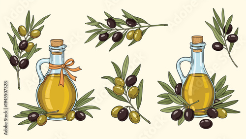 Olive oil glass bottles with cork stoppers surrounded by branches of green and black olives on pale background.
