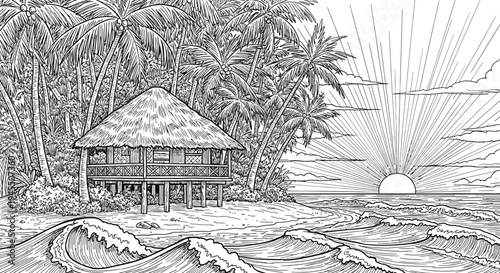 Tropical beach hut vector illustration with palm trees and sunset