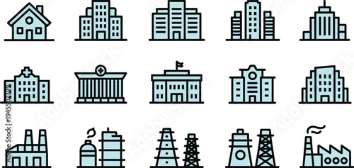 Vector grid of 15 building and facility icons including house, hospital, school, factory, office, and industrial structures, minimalist silhouette illustration for architecture, infrastructure, and ur