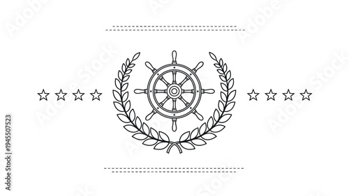 Nautical themed emblem featuring a ship steering wheel surrounded by a laurel wreath and stars in a line art style.