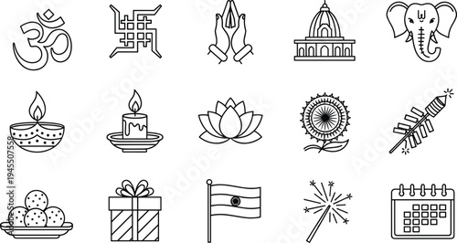 Indian Culture and Hindu Festival Line Icons Set Featuring Diwali Decorations Religious Symbols National Flag Traditions and Celebration Elements