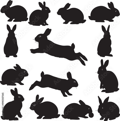 Black silhouettes of rabbits in various poses on white background