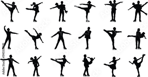 Figure skating silhouettes collection featuring ice skater spins, jumps and pair skating poses, winter sport vector illustration set isolated on white background