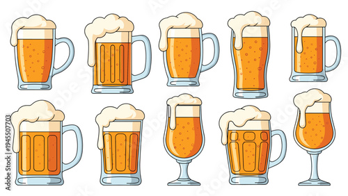 Assorted beer mugs and glasses filled with amber liquid and topped with thick white frothy beer foam bubbles.