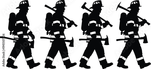 Firefighter silhouettes walking with firefighting tools and equipment, emergency rescue worker vector illustration set, fire department hero figures isolated on white background