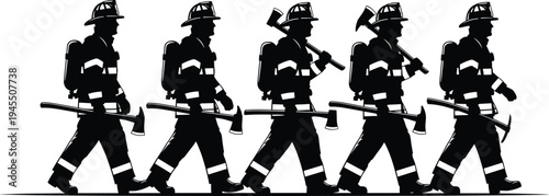 Firefighter silhouettes walking with firefighting tools and protective gear, emergency rescue worker vector illustration set, fire department hero figures isolated on white background