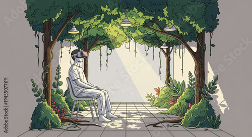 Digital Oasis A serene individual experiences virtual nature through a VR headset within a stylized indoor garden bathed in dappled sunlight