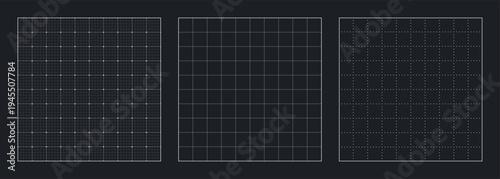 Grid pattern paper blueprint set, black line and dot graph sheet for school, notes or social media, vector illustration. Blueprint background with square grid.	