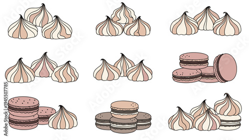 Sweet treat collection featuring groups of meringue cookies and stacked macarons in soft pastel pink tones.