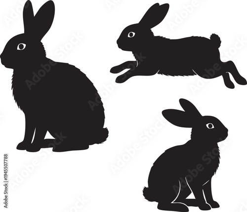 Black silhouettes of three rabbits in different poses on white background