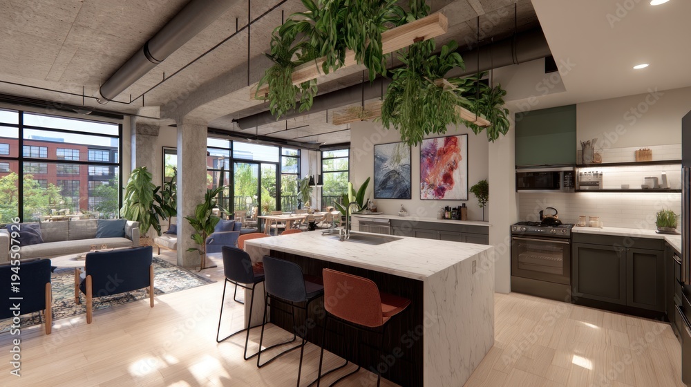 Fototapeta premium Modern Industrial Loft Kitchen and Living Area with Lush Greenery.