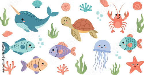 Cute ocean animals cartoon set with narwhal turtle jellyfish crab fish starfish coral underwater vector illustration