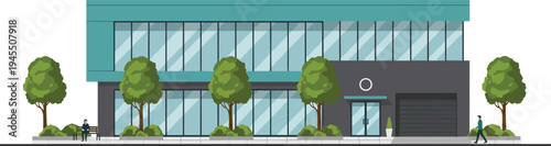 Vector illustration of a modern two story commercial office building with glass facade teal roof green trees and people on sidewalk isolated on white background.