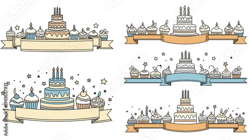 Celebratory bakery banner set with multi tiered birthday cakes, cupcakes, stars, and candles for festive party invitations and stickers.